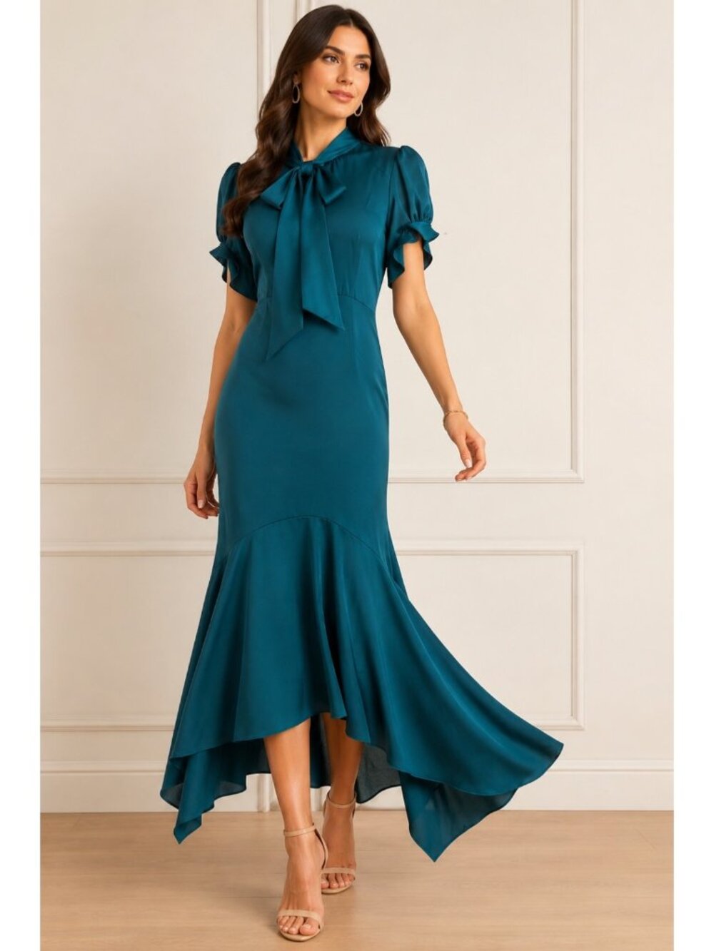 Eliza J Teal Midi Dress With Tie Neck And Puff Short Sleeves Size 6 Satin NWT